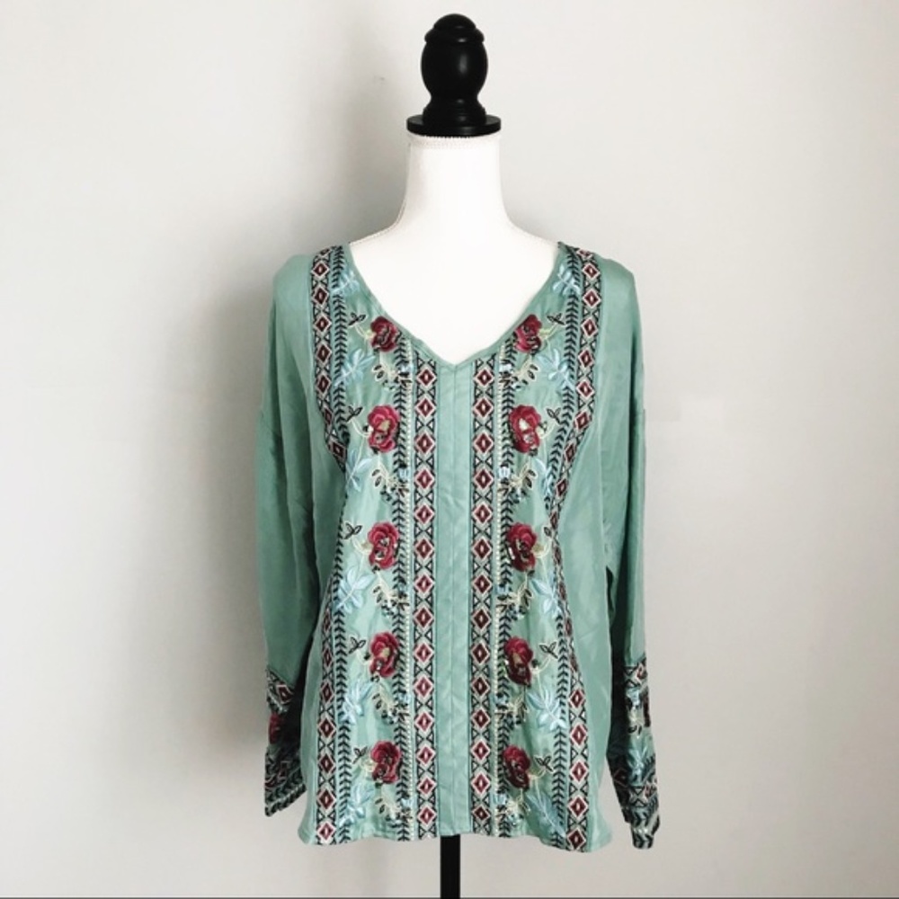 Sundance catalog silk embroidered blouse